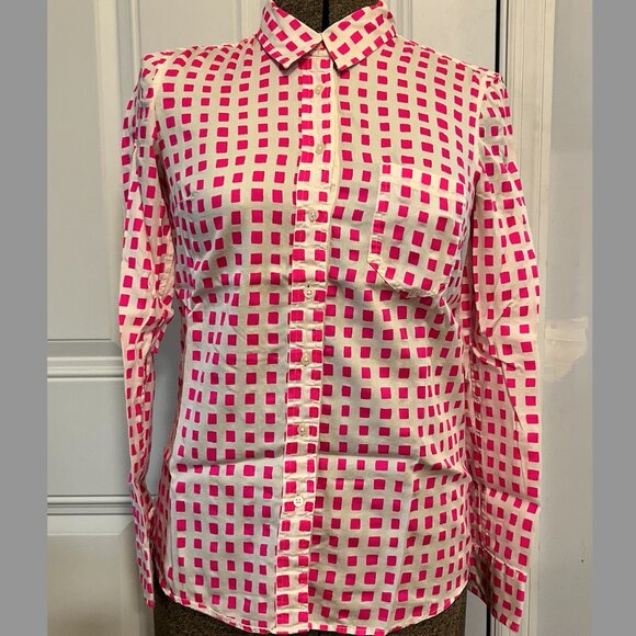 J. Crew Tops - J.Crew Fitted Boyfriend XS Button-down Hot Pink and White